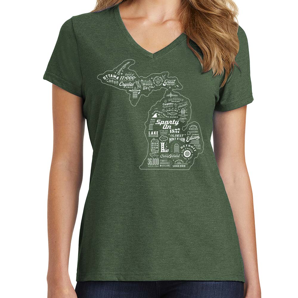 Ladies Relaxed V-neck Michigan Places - Deep Green