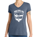 Ladies Relaxed V-Neck Michigan Shield - Heather Navy