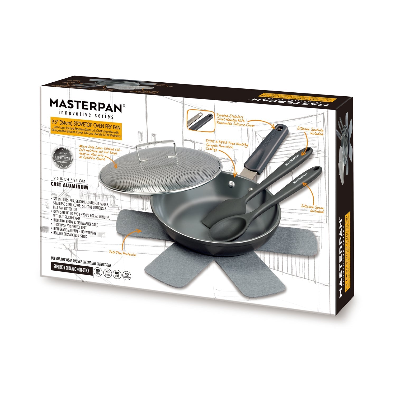 MASTERPAN Ceramic Nonstick Stovetop Oven Frypan & Skillet with Stainless Steel Lid & Utensils, Grey 9.5" (24cm)